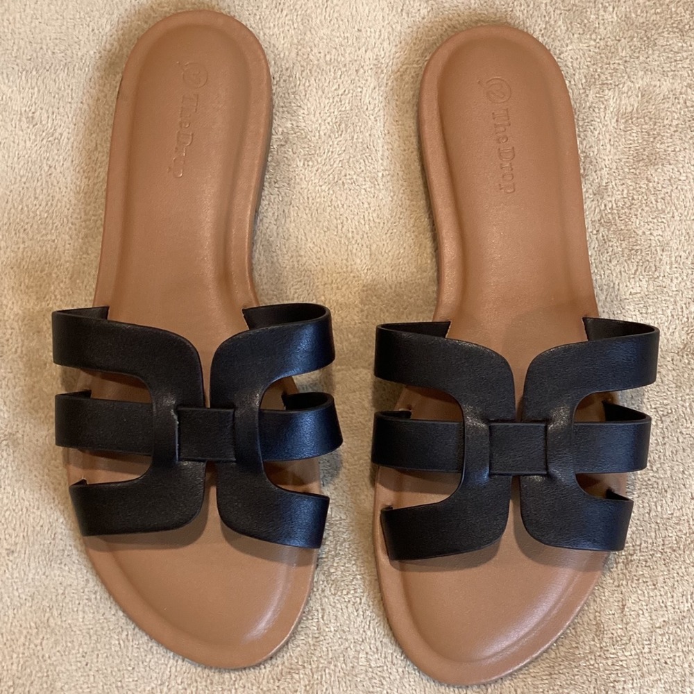 The Drop Monika Flat H-Band Slide‎ Sandal in Black, Size US 9.5, UK 7.5, EU 40.5